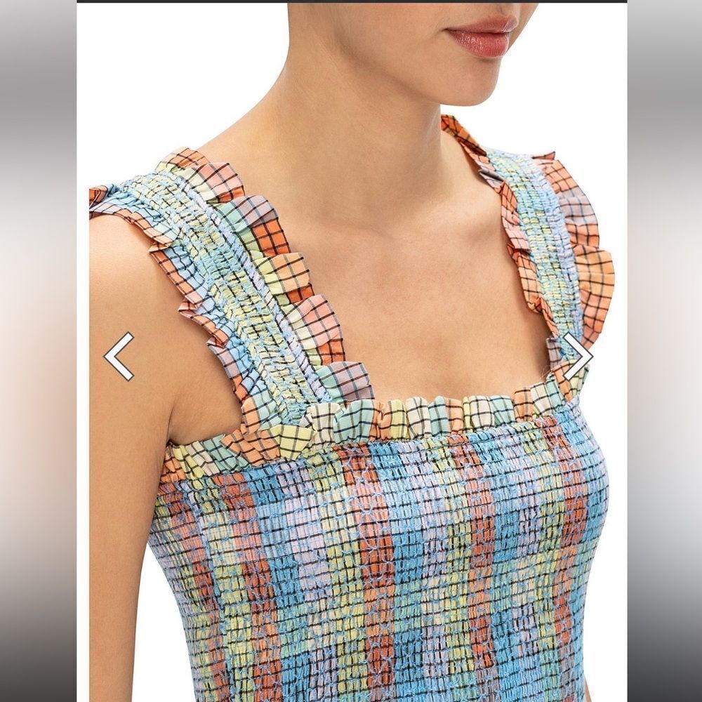GANNI SEERSUCKER CHECK SLEEVELESS MIDI DRESS smocked cotton summer 42 L - Picture 3 of 14
